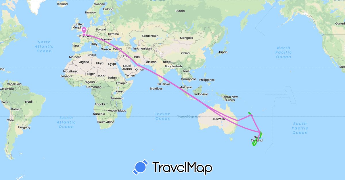 TravelMap itinerary: driving, hiking, bateau, avion, voiture, bus, marche in United Arab Emirates, Australia, France, Indonesia, New Caledonia, New Zealand (Asia, Europe, Oceania)