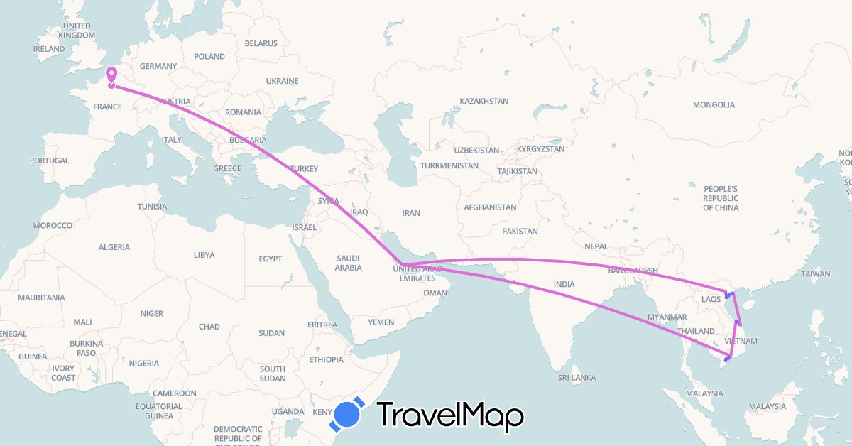 TravelMap itinerary: driving, boat, bateau, avion, bus, marche in France, Qatar, Vietnam (Asia, Europe)