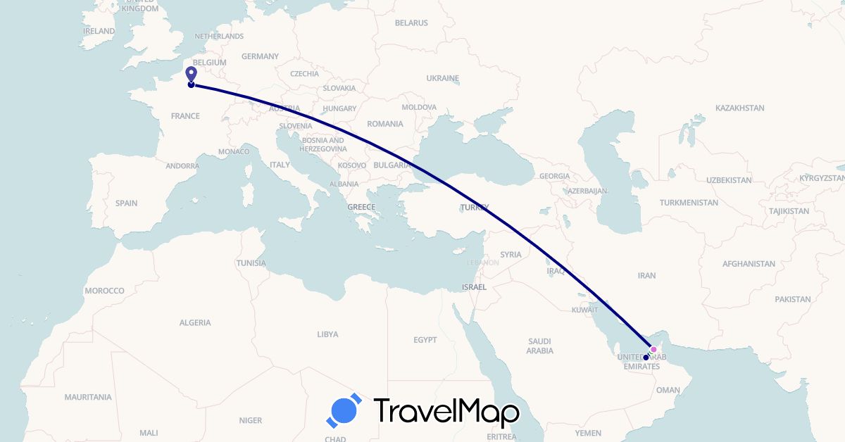TravelMap itinerary: driving, bus, plane, hiking, bateau, avion, train in United Arab Emirates, France (Asia, Europe)