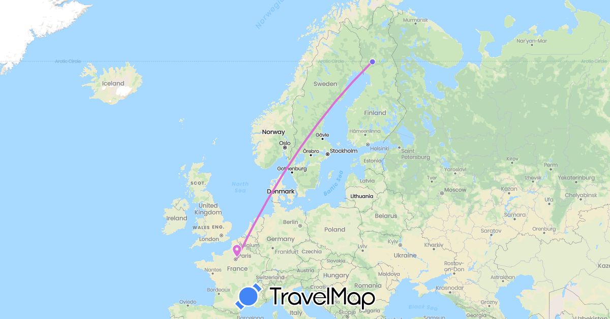 TravelMap itinerary: avion, bus in Finland, France (Europe)