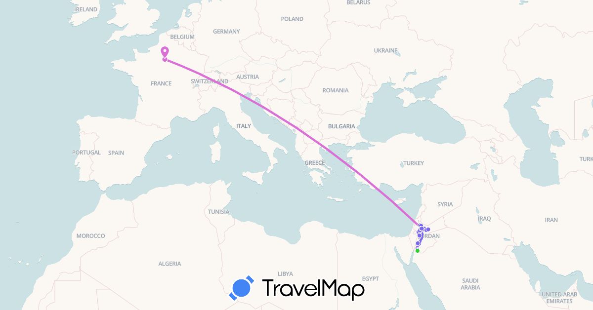 TravelMap itinerary: driving, avion, voiture, bus in France, Jordan (Asia, Europe)
