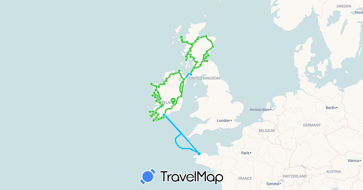TravelMap itinerary: bateau, voiture in France, United Kingdom, Ireland (Europe)
