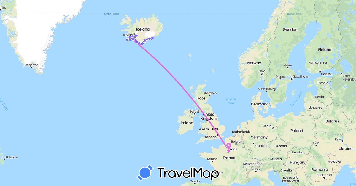 TravelMap itinerary: avion, bus in France, Iceland (Europe)
