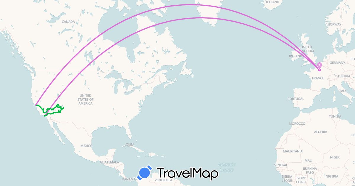 TravelMap itinerary: bus, avion in France, United States (Europe, North America)