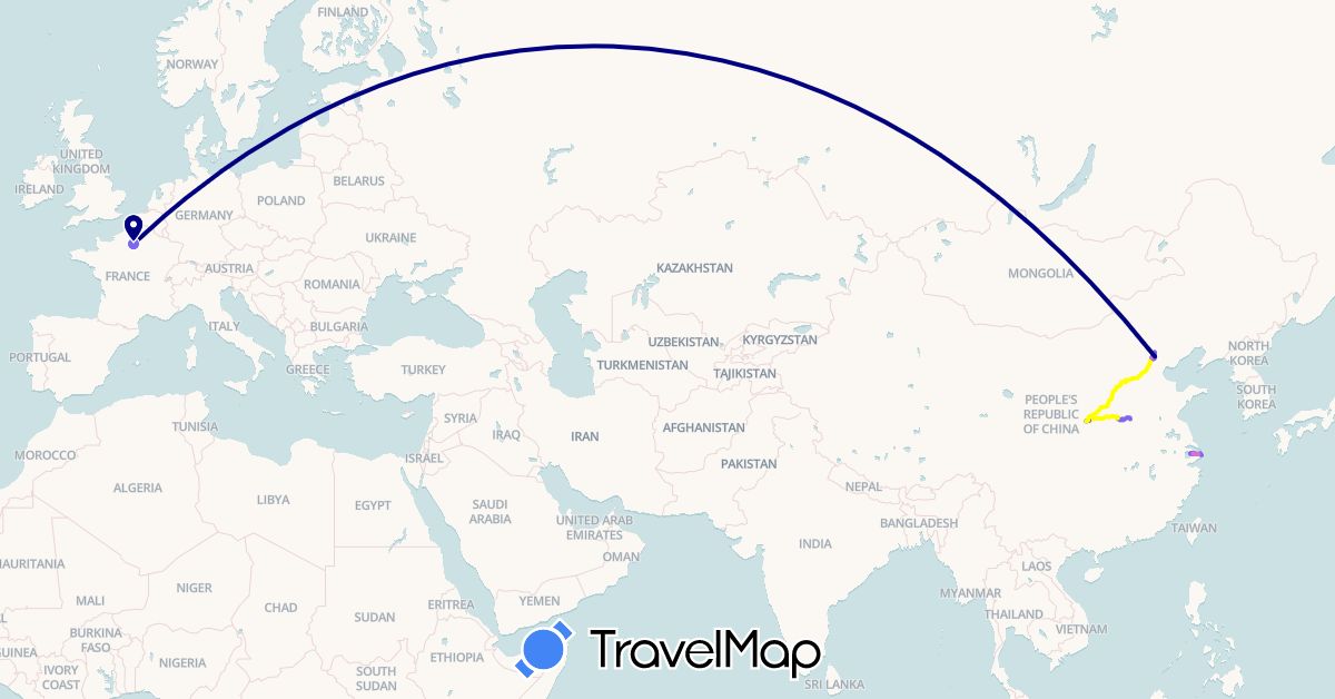 TravelMap itinerary: driving, hiking, avion, bus, train in China, France (Asia, Europe)