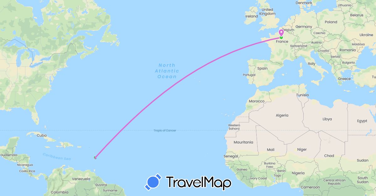 TravelMap itinerary: bateau, avion, voiture in France, Martinique (Europe, North America)