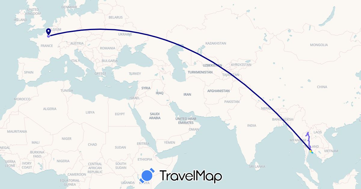 TravelMap itinerary: driving, bateau, avion, voiture, bus, train in France, Thailand (Asia, Europe)