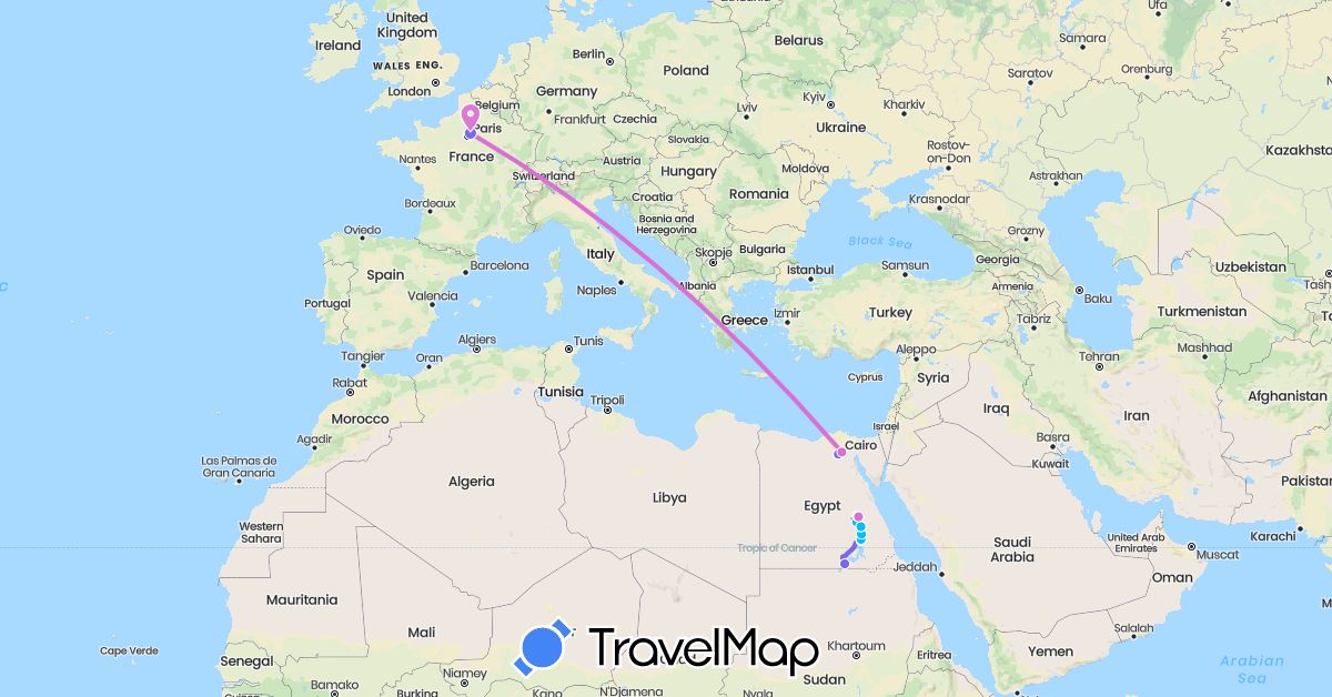 TravelMap itinerary: driving, bateau, avion, bus in Egypt, France (Africa, Europe)