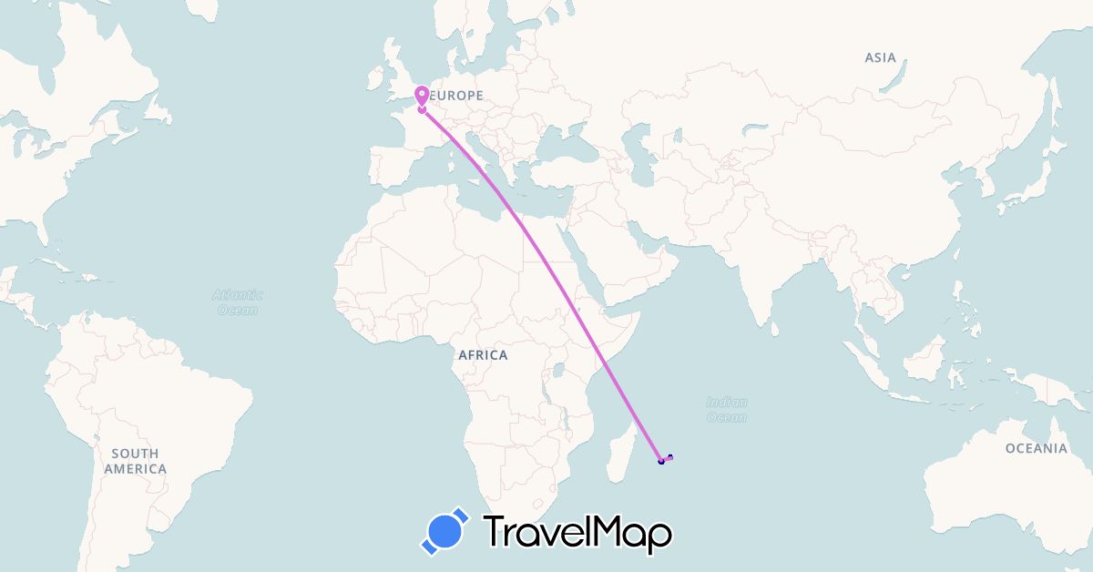 TravelMap itinerary: driving, bateau, avion in France, Mauritius, Réunion (Africa, Europe)