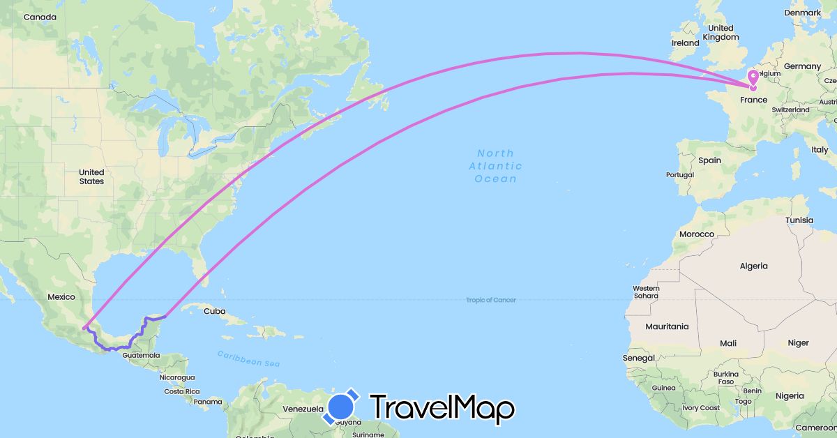 TravelMap itinerary: avion, bus in France, Mexico (Europe, North America)