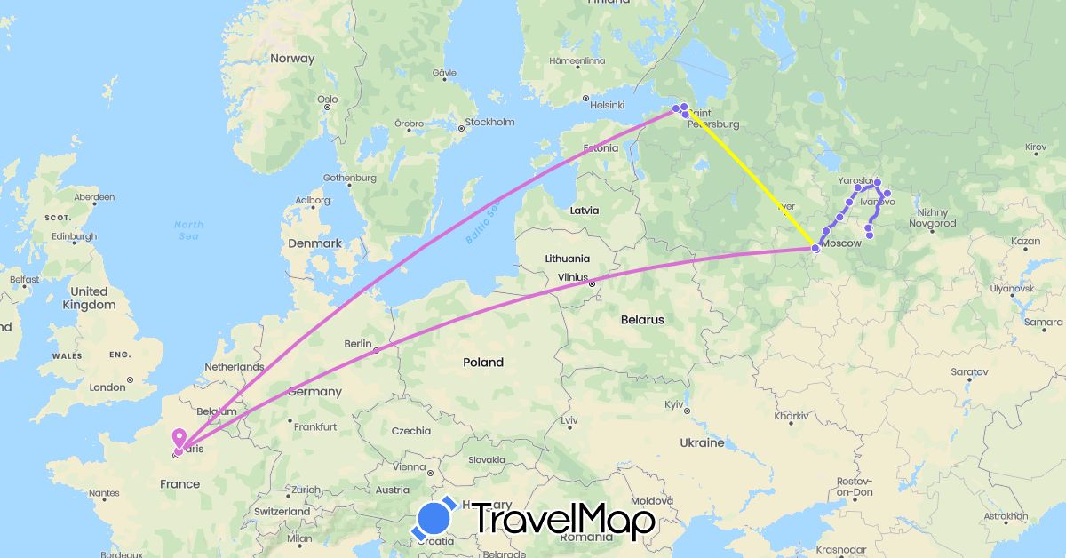 TravelMap itinerary: avion, bus, train in France, Russia (Europe)