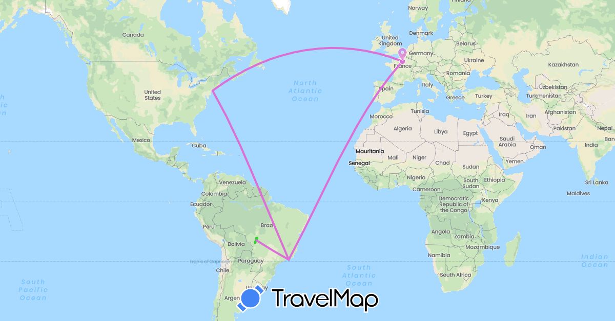 TravelMap itinerary: avion, voiture in Brazil, France, United States (Europe, North America, South America)