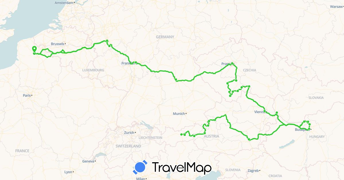 TravelMap itinerary: voiture in Austria, Czech Republic, Germany, France, Hungary, Slovakia (Europe)