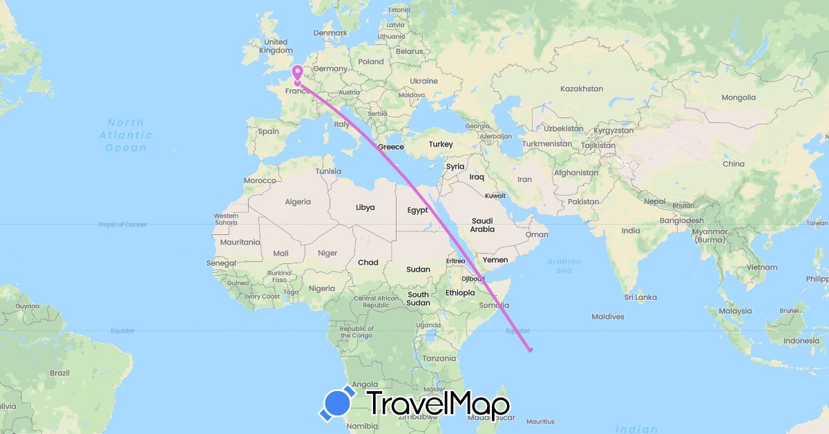 TravelMap itinerary: bateau, avion, voiture, bus in France, Seychelles (Africa, Europe)