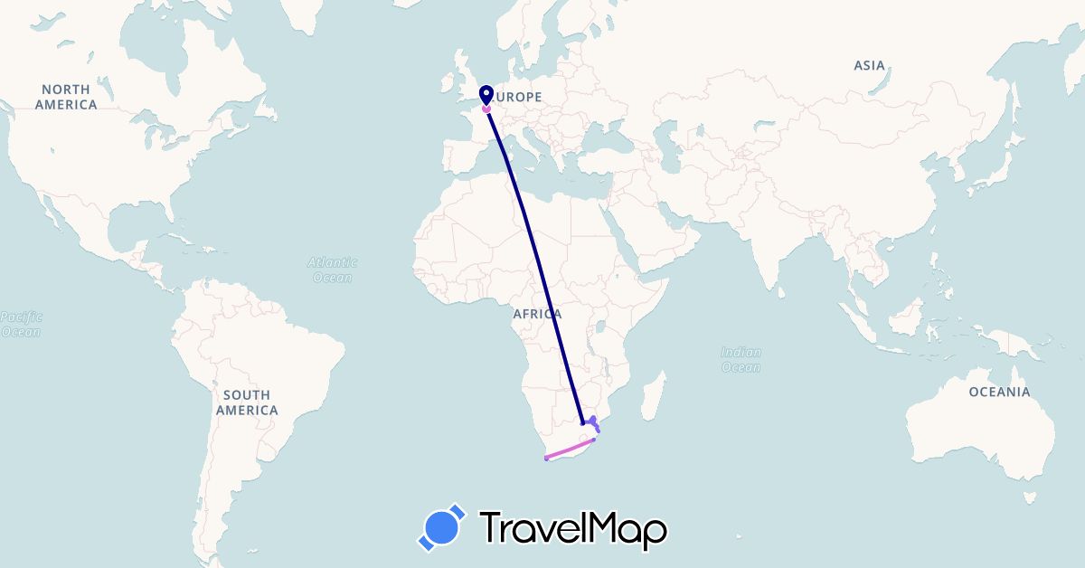TravelMap itinerary: driving, avion, bus, téléphérique in France, South Africa, Zambia, Zimbabwe (Africa, Europe)