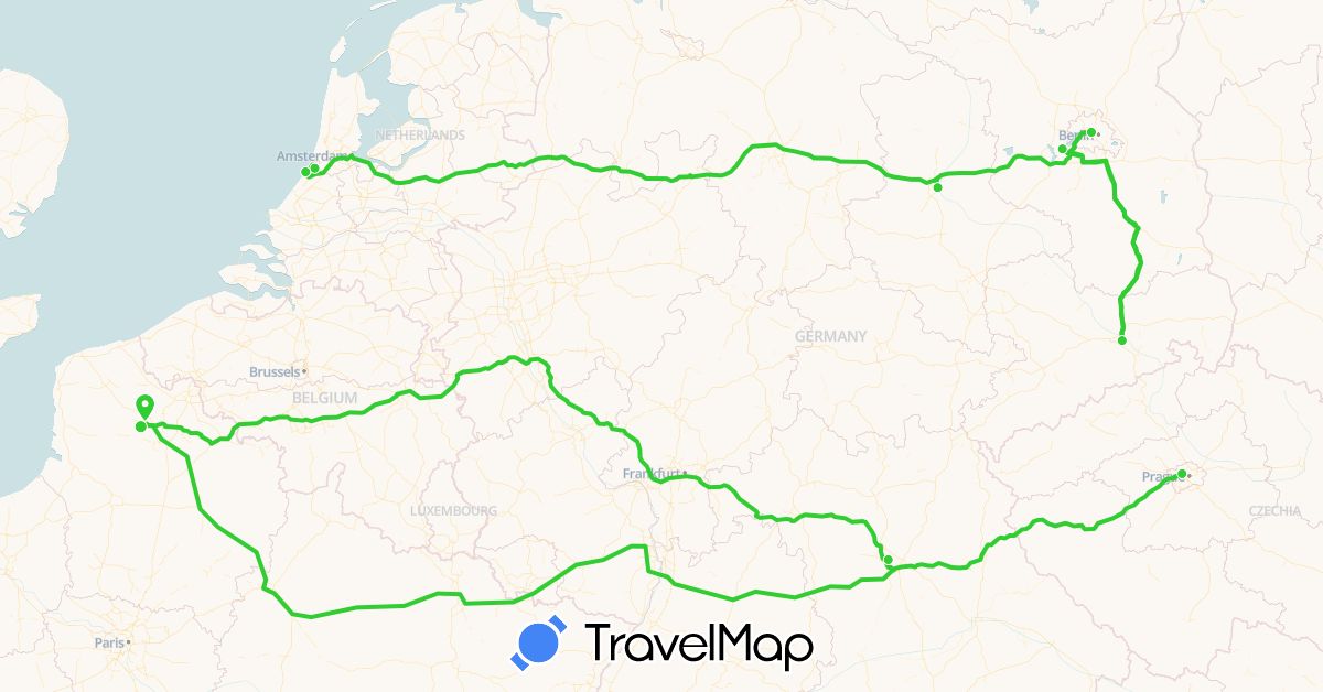 TravelMap itinerary: voiture in Czech Republic, Germany, France, Netherlands (Europe)