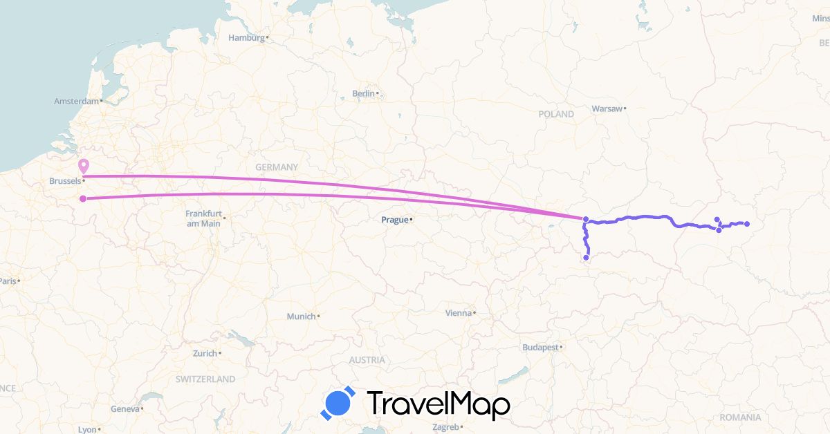 TravelMap itinerary: driving, avion, bus, marche in Belgium, Poland, Ukraine (Europe)