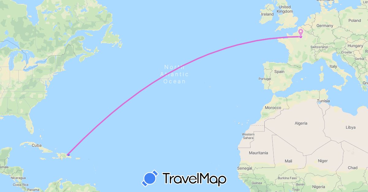 TravelMap itinerary: driving, bateau, avion, bus, marche in Dominican Republic, France (Europe, North America)