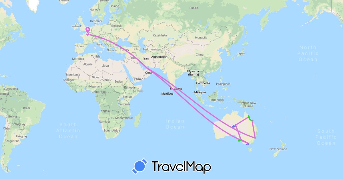 TravelMap itinerary: driving, bateau, avion, voiture, bus, marche in United Arab Emirates, Australia, France (Asia, Europe, Oceania)