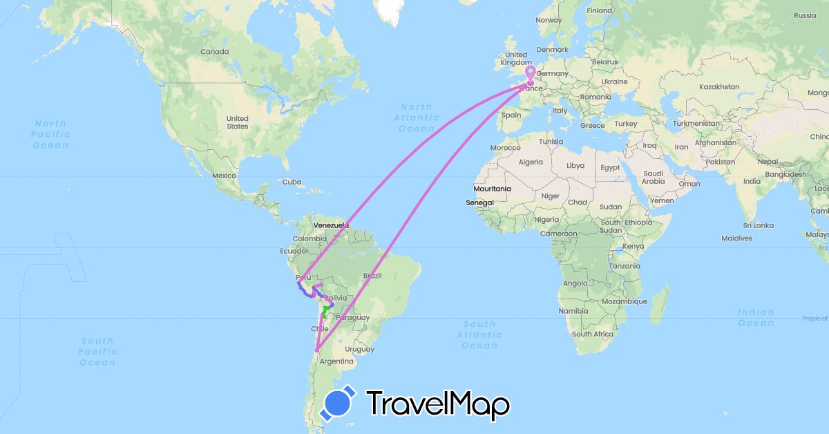 TravelMap itinerary: driving, bateau, avion, voiture, bus, train, marche in Bolivia, Chile, France, Peru (Europe, South America)