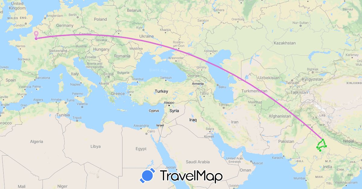 TravelMap itinerary: driving, avion, voiture in France, India (Asia, Europe)