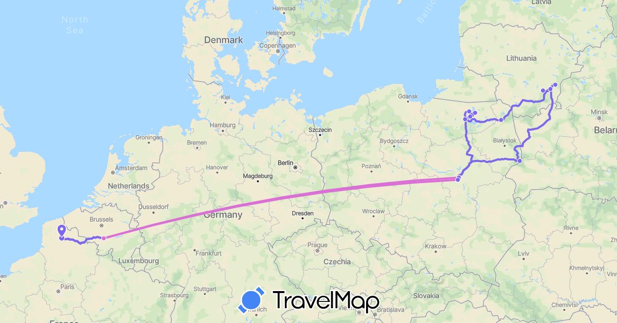 TravelMap itinerary: driving, avion, bus in Belgium, France, Lithuania, Poland (Europe)