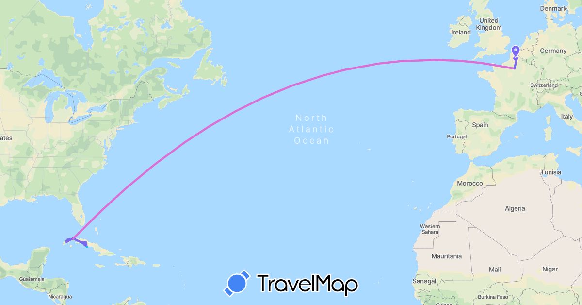 TravelMap itinerary: driving, cycling, bateau, avion, bus in Cuba, France (Europe, North America)